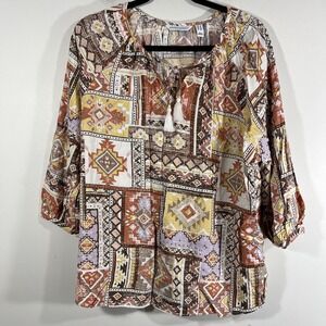 Canyon Retreat Aztec Southwestern Tie Front Relaxed Fit Blouse Women's X‎
